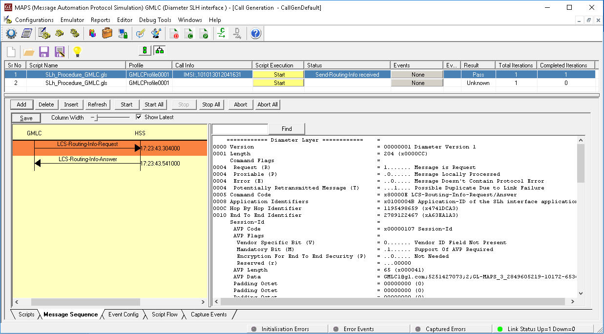 MAPS™ Diameter (GMLC) simulating SLh interface procedure