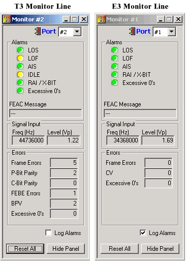 Alarm and Error windows for the T3 (DS3) and E3 Analyzers