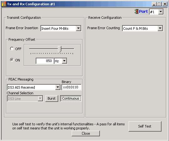 User interface for the Transmit and Receive configuration settings
