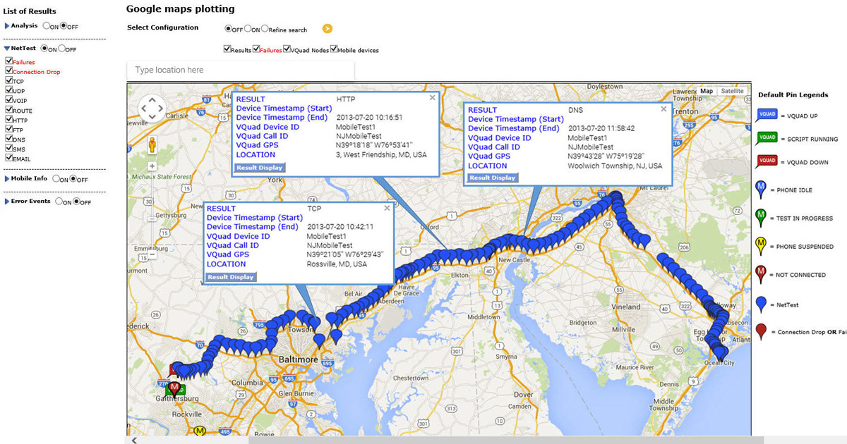 NetTest Results Plotted on Google Maps within WebViewer™