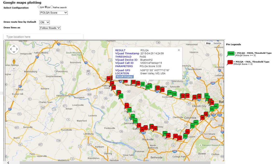 VQT POLQA Results Plotted on Google Maps within WebViewer™