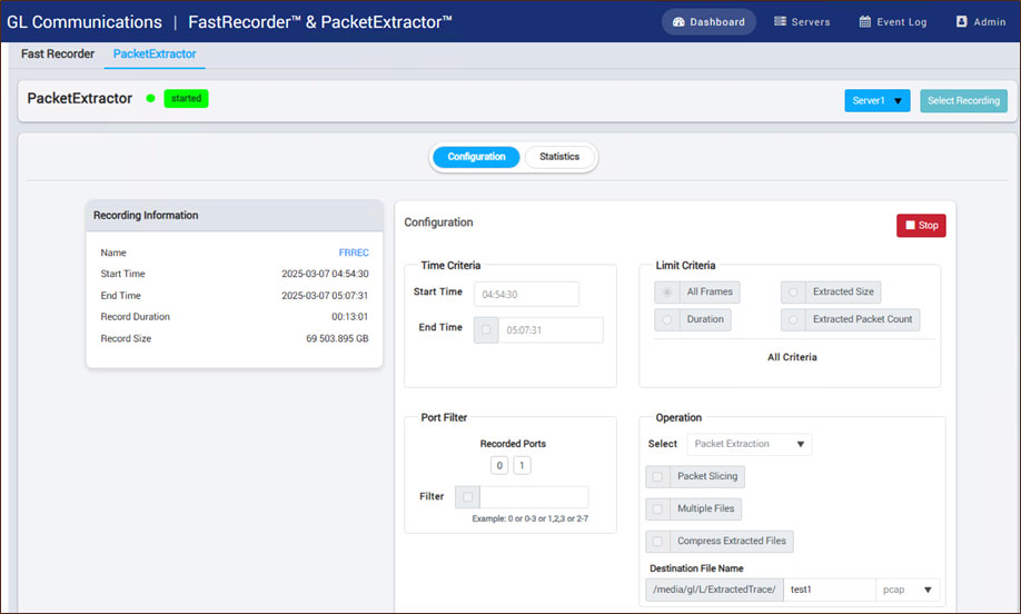 FastRecorder™ and PacketExtractor™ 400G user interface