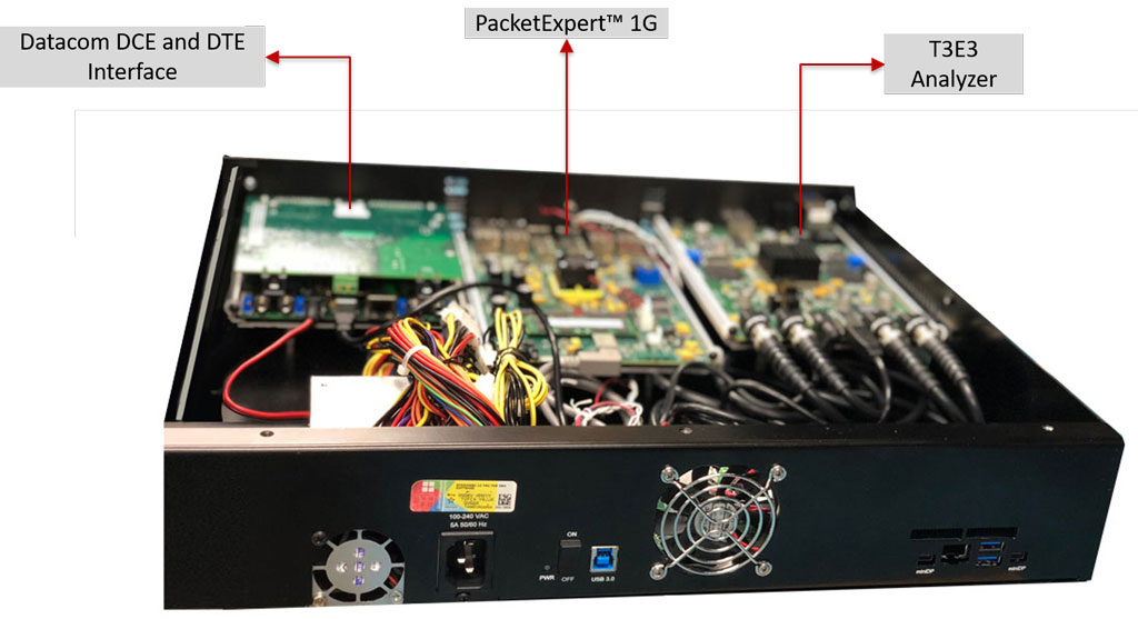 Top view of mTop™ solution connected with Datacom, PacketExpert™ 1G, and T3E3 Analyzer
