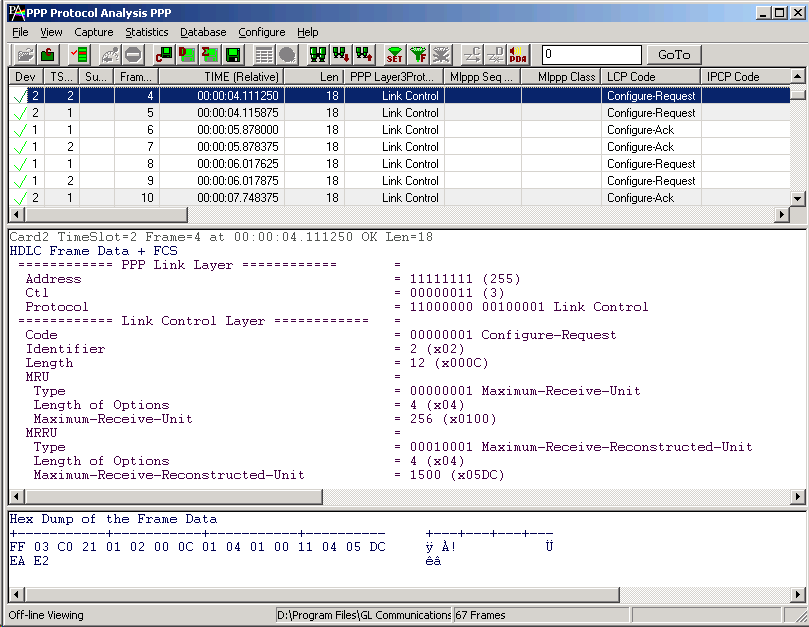 PPP Analyzer showing LCP Protocol Decode