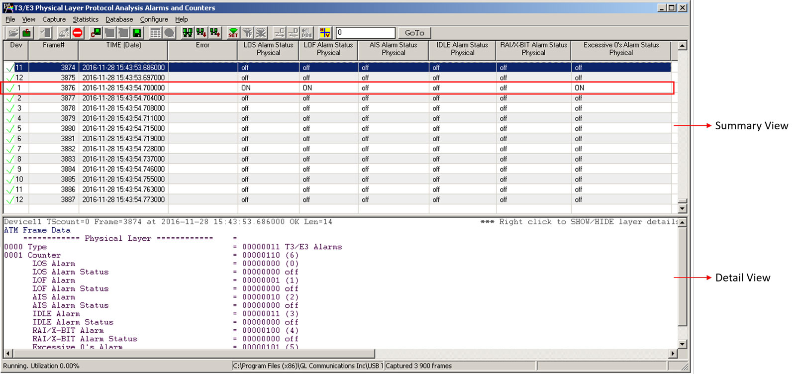 Alarm Status in T3 E3 Physical Layer Analyzer