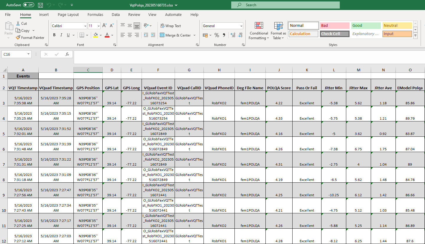 Results Exported to Excel File